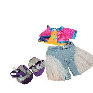 Build a bear bell Bottom jeans shiny top jacket glitter sandals